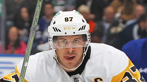 Sydney Crosby #87 of the Pittsburgh Penguins skates against Auston Matthews #34 of the Toronto Maple Leafs during the first period in an NHL game at Scotiabank Arena in Toronto, Ontario, Canada on October 12, 2024. The Maple Leafs defeated the Penguins 4-2.