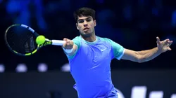 Carlos Alcaraz of Spain plays a forehand in his match against Casper Ruud