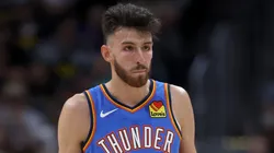 Chet Holmgren #7 of the Oklahoma City Thunder plays the Denver Nuggets in the third quarter