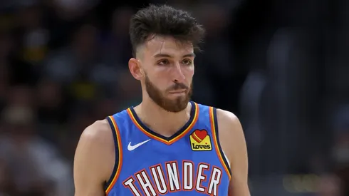 Chet Holmgren #7 of the Oklahoma City Thunder plays the Denver Nuggets in the third quarter