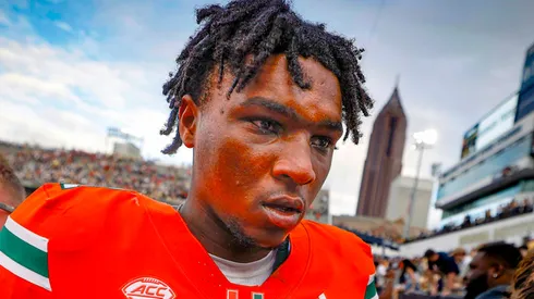 Miami Hurricanes quarterback Cam Ward (1) walks off the field after the loss against the Georgia Tech Yellow Jackets at Bobby Dodd Stadium at Hyundai Field in Atlanta on Saturday, Nov. 9, 2024.