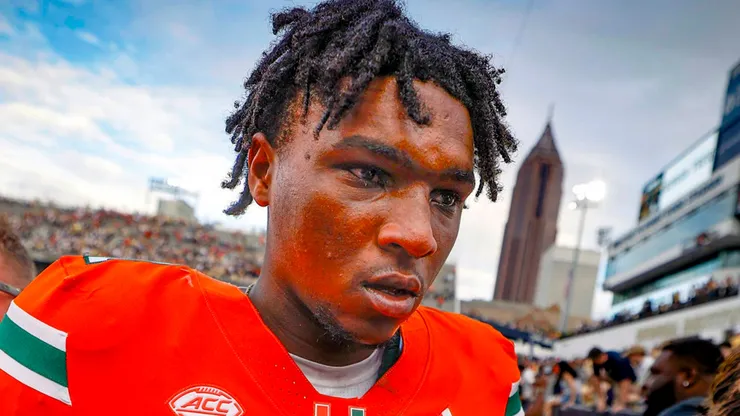 Miami Hurricanes quarterback Cam Ward (1) walks off the field after the loss against the Georgia Tech Yellow Jackets at Bobby Dodd Stadium at Hyundai Field in Atlanta on Saturday, Nov. 9, 2024.