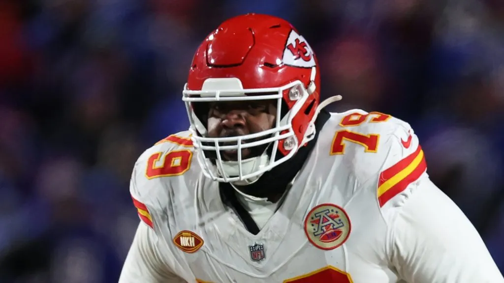Donovan Smith #79 of the Kansas City Chiefs in action against the Buffalo Bills during their AFC Divisional Playoff game at Highmark Stadium on January 21, 2024 in Orchard Park, New York.