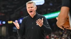 Head coach Steve Kerr of the Golden State Warriors reacts during the first quarter against the Cleveland Cavaliers