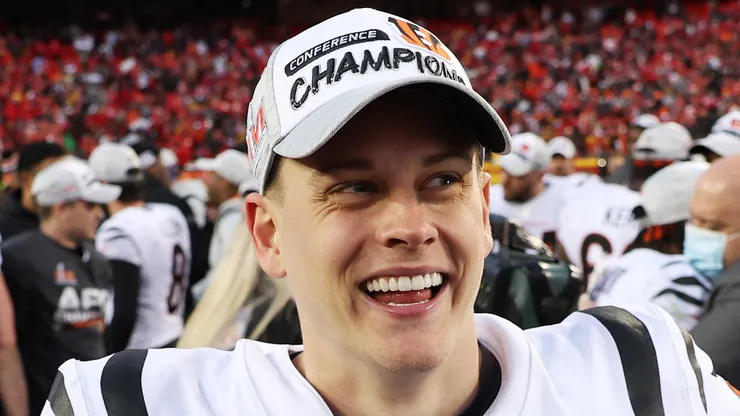 Quarterback Joe Burrow #9 of the Cincinnati Bengals celebrates the Bengals overtime win against the Kansas City Chiefs in the AFC Championship Game at Arrowhead Stadium on January 30, 2022 in Kansas City, Missouri.