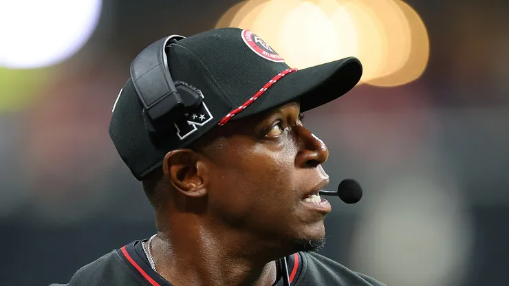 Head coach Raheem Morris of the Atlanta Falcons looks on against the Jacksonville Jaguars during the third quarter at Mercedes-Benz Stadium on August 23, 2024 in Atlanta, Georgia.