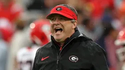 Head coach Kirby Smart of the Georgia Bulldogs reacts before the game against the Mississippi Rebels at Vaught-Hemingway Stadium on November 09, 2024 in Oxford, Mississippi.