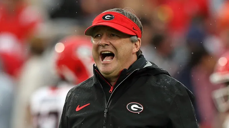 Head coach Kirby Smart of the Georgia Bulldogs reacts before the game against the Mississippi Rebels at Vaught-Hemingway Stadium on November 09, 2024 in Oxford, Mississippi.