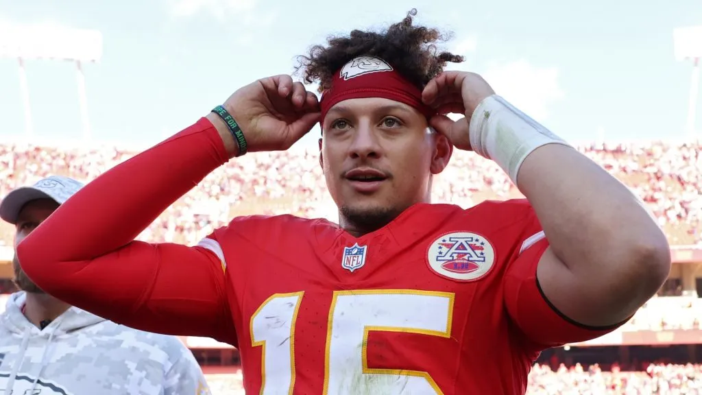 Patrick Mahomes #15 of the Kansas City Chiefs reacts after his team's 16-14 win against the Denver Broncos at GEHA Field at Arrowhead Stadium on November 10, 2024 in Kansas City, Missouri.