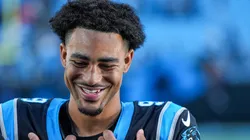 Bryce Young #9 of the Carolina Panthers reacts after a win over the New Orleans Saints at Bank of America Stadium on November 03, 2024 in Charlotte, North Carolina.