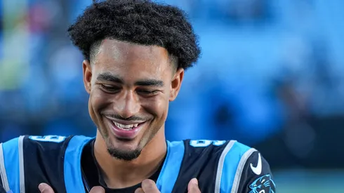 Bryce Young #9 of the Carolina Panthers reacts after a win over the New Orleans Saints at Bank of America Stadium on November 03, 2024 in Charlotte, North Carolina.