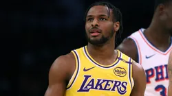 Bronny James #9 of the Los Angeles Lakers reacts in front of Lester Quinones #25, during a 116-106 Lakers win at Crypto.com Arena