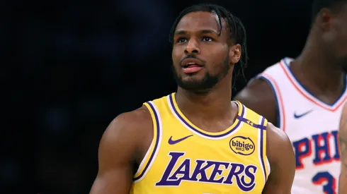 Bronny James #9 of the Los Angeles Lakers reacts in front of Lester Quinones #25, during a 116-106 Lakers win at Crypto.com Arena