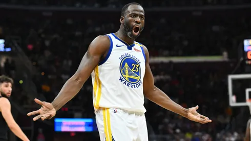 Draymond Green #23 of the Golden State Warriors reacts during the second quarter against the Cleveland Cavaliers at Rocket Mortgage Fieldhouse on November 08, 2024 in Cleveland, Ohio.