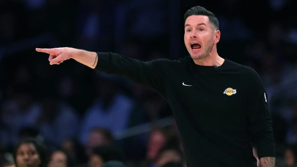 Head coach JJ Redick of the Los Angeles Lakers reacts during the first half against the Philadelphia 76ers at Crypto.com Arena. Harry How/Getty Images
