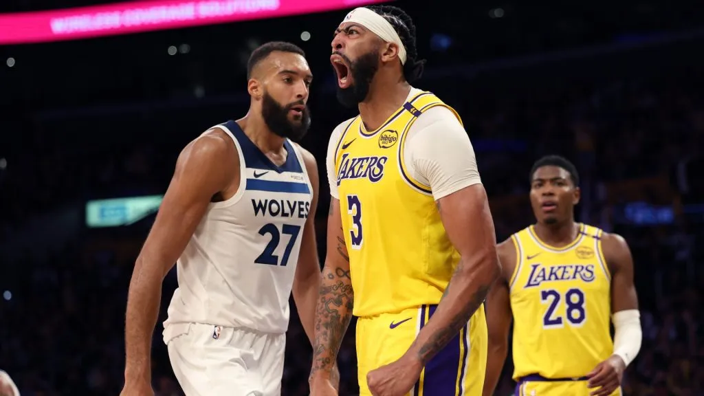 Anthony Davis #3 of the Los Angeles Lakers reacts after blocking the shot of Rudy Gobert #27 of the Minnesota Timberwolves during the third quarter at Crypto.com Arena. Harry How/Getty Images