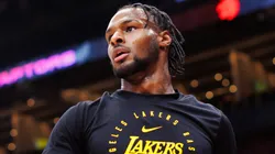 Bronny James #9 of the Los Angeles Lakers warms up ahead of their NBA game against the Toronto Raptors at Scotiabank Arena on November 1, 2024 in Toronto, Canada.