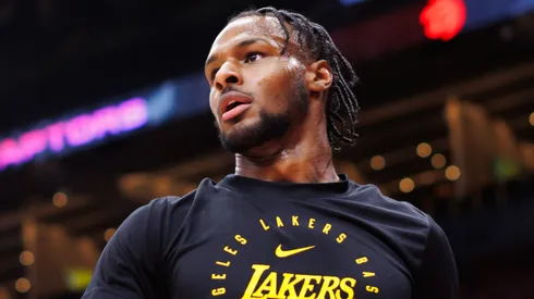 Bronny James #9 of the Los Angeles Lakers warms up ahead of their NBA game against the Toronto Raptors at Scotiabank Arena on November 1, 2024 in Toronto, Canada.