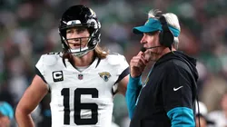 Trevor Lawrence #16 and head coach Doug Pederson of the Jacksonville Jaguars talk in the third quarter of a game against the Philadelphia Eagles at Lincoln Financial Field on November 03, 2024 in Philadelphia, Pennsylvania.
