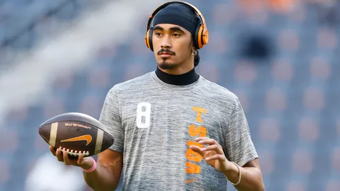 Nico Iamaleava #8 of the Tennessee Volunteers warms up prior to the game against the Kentucky Wildcats at Neyland Stadium on November 02, 2024 in Knoxville, Tennessee.