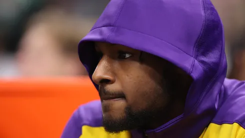Bronny James #9 of the Los Angeles Lakers looks on during the first half against the Phoenix Suns at Footprint Center on October 28, 2024 in Phoenix, Arizona.