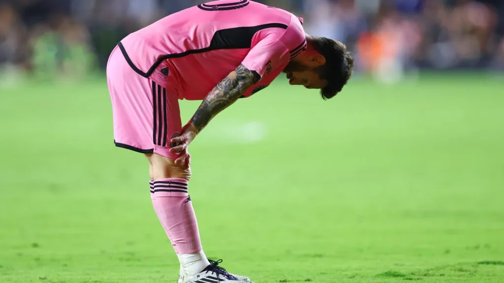 Lionel Messi #10 of Inter Miami reacts against Atlanta United during the first half of the Audi 2024 MLS Cup playoffs. Megan Briggs/Getty Images