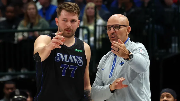 Luka Doncic #77 of the Dallas Mavericks talks with head coach Jason Kidd in the first half of the NBA In-Season Tournament game against the LA Clippers at American Airlines Center on November 10, 2023 in Dallas, Texas.