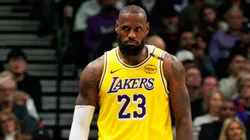 eBron James #23 of the Los Angeles Lakers walks the court during a break in play in the second half of their NBA game against the Toronto Raptors at Scotiabank Arena on November 1, 2024 in Toronto, Canada.