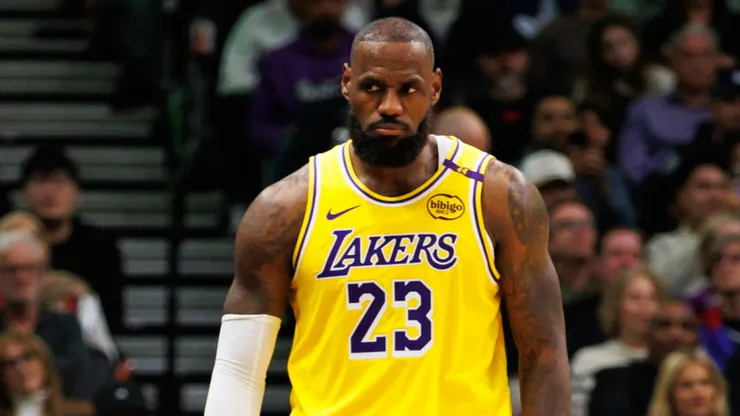 eBron James #23 of the Los Angeles Lakers walks the court during a break in play in the second half of their NBA game against the Toronto Raptors at Scotiabank Arena on November 1, 2024 in Toronto, Canada.