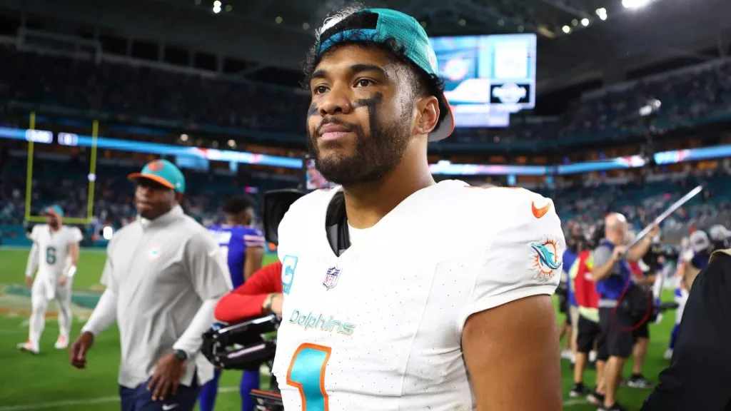 Tua Tagovailoa #1 of the Miami Dolphins reacts after a 21-14 loss against the Buffalo Bills at Hard Rock Stadium on January 07, 2024. (Source: Megan Briggs/Getty Images)