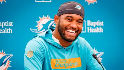 Miami Dolphins quarterback Tua Tagovailoa (1) speaks after practice on Monday, Aug. 26, 2024, at Baptist Health Training Complex.