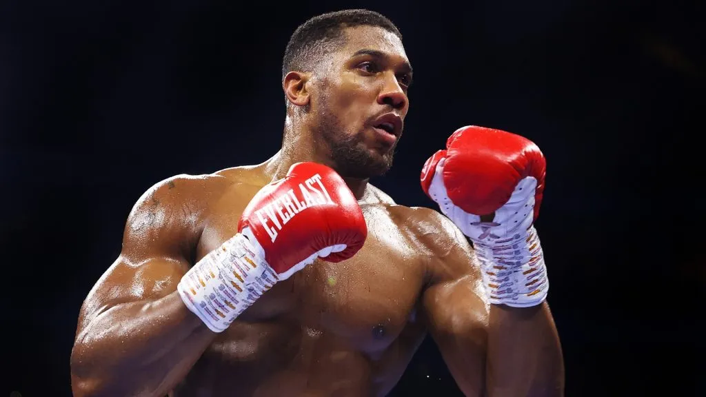 Anthony Joshua looks on during the Heavyweight fight between Anthony Joshua and Jermaine Franklin at The O2 Arena on April 01, 2023 in London, England. (Photo by James Chance/Getty Images)