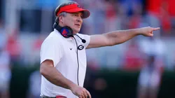 Head coach Kirby Smart of the Georgia Bulldogs reacts during the second quarter against the Mississippi State Bulldogs at Sanford Stadium on October 12, 2024 in Athens, Georgia.