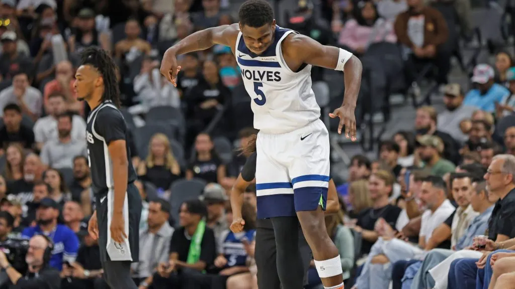 Anthony Edwards #5 of the Minnesota Timberwolves reacts after missing a shot against the San Antonio Spurs in the second half at Frost Bank Center on November 2, 2024 in San Antonio, Texas. (Photo by Ronald Cortes/Getty Images)