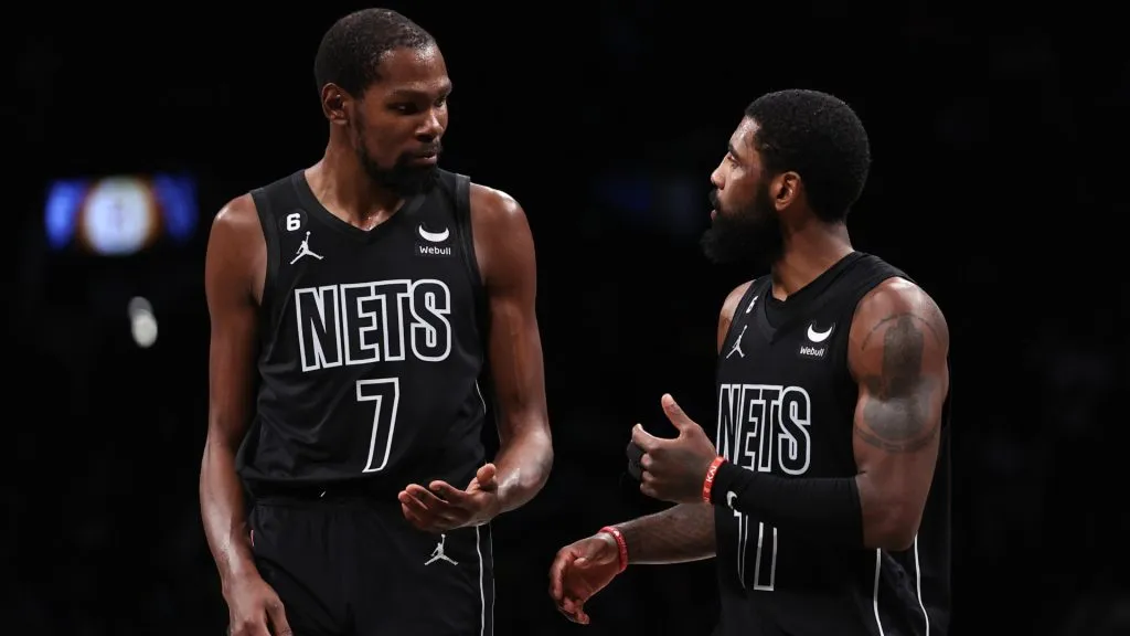 Kyrie Irving #11 of the Brooklyn Nets and Kevin Durant #7