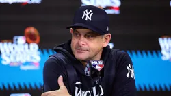 Manager Aaron Boone #17 of the New York Yankees talks to the media after the Los Angeles Dodgers defeated the New York Yankees 7-6 in game 5 to win the 2024 World Series at Yankee Stadium on October 30, 2024 in the Bronx borough of New York City.