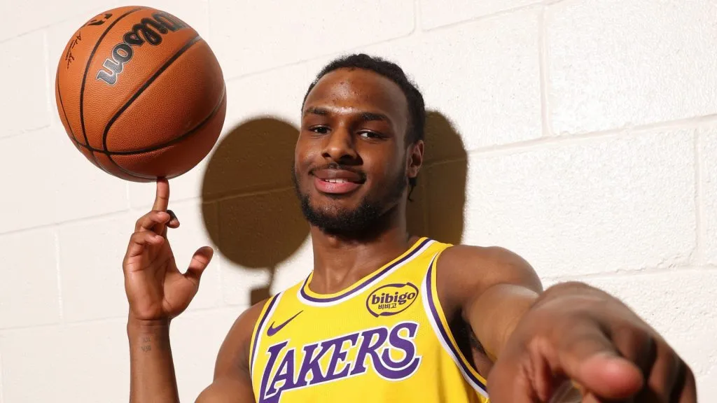 Bronny James #9 of the Los Angeles Lakers poses for a portrait during the 2024 NBA Rookie Photo Shoot at UNLV on July 16, 2024. (Source: Monica Schipper/Getty Images)