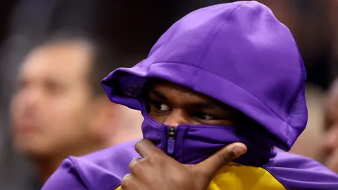 Bronny James #9 of the Los Angeles Lakers looks on during the second half against the Phoenix Suns at Footprint Center on October 28, 2024 in Phoenix, Arizona.