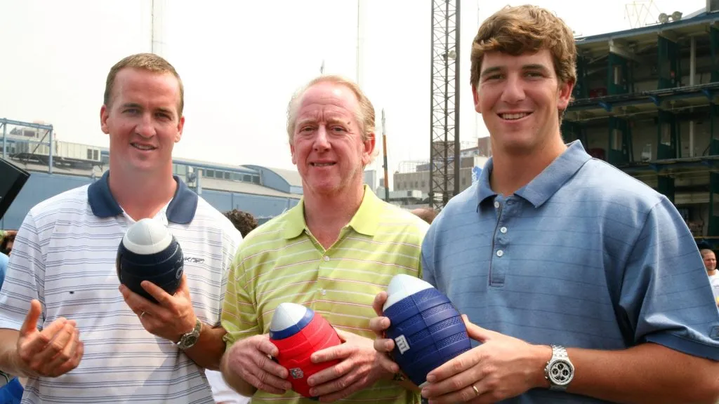 Peyton Manning, Archie Manning and Eli Manning attends the NERF Father’s Day Football Throwdown on June 14, 2008. (Source: Astrid Stawiarz/Getty Images)