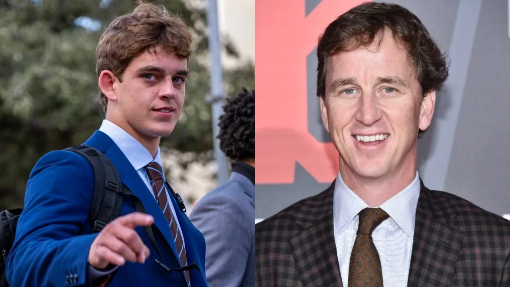 Arch Manning 16 of the Texas Longhorns as he walks in before the game vs the UL Monroe Warhawks — Cooper Manning in 2016. (Source: IMAGO / Newscom World — Mike Coppola/Getty Images for Bleacher Ball)