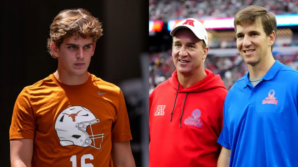 Arch Manning 16 of the Texas Longhorns during pre game warmups before the game vs the Colorado State Rams — Peyton Manning and Eli Manning are seen during the 2023 NFL Pro Bowl Games. (Source: IMAGO / Newscom World — Jeff Bottari/Getty Images)