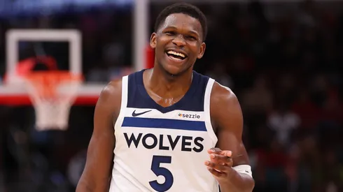 Anthony Edwards #5 of the Minnesota Timberwolves laughs against the Chicago Bulls during the second half at the United Center on November 07, 2024 in Chicago, Illinois.