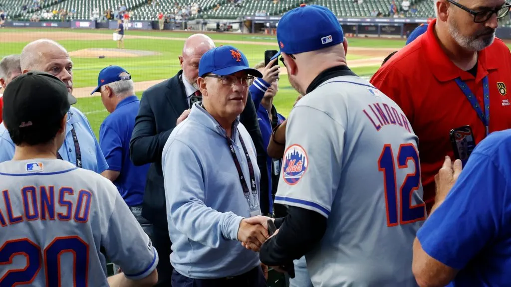 New York Mets owner Steve Cohen greets fans before Game Two of the Wild Card Series against the Milwaukee Brewers at American Family Field on October 02, 2024 in Milwaukee, Wisconsin. (Photo by John Fisher/Getty Images)