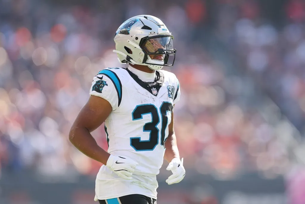 CHICAGO, ILLINOIS – OCTOBER 06: Chuba Hubbard #30 of the Carolina Panthers looks on against the Chicago Bears during the fourth quarter at Soldier Field on October 06, 2024 in Chicago, Illinois. (Photo by Michael Reaves/Getty Images)