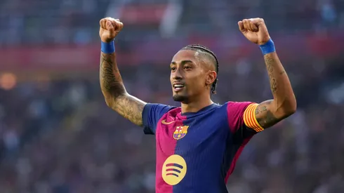 Raphinha of FC Barcelona celebrates (Alex Caparros/Getty Images)