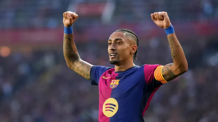 Raphinha of FC Barcelona celebrates (Alex Caparros/Getty Images)
