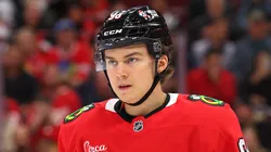 Connor Bedard #98 of the Chicago Blackhawks reacts against the Detroit Red Wings during the second period at the United Center on November 06, 2024 in Chicago, Illinois.
