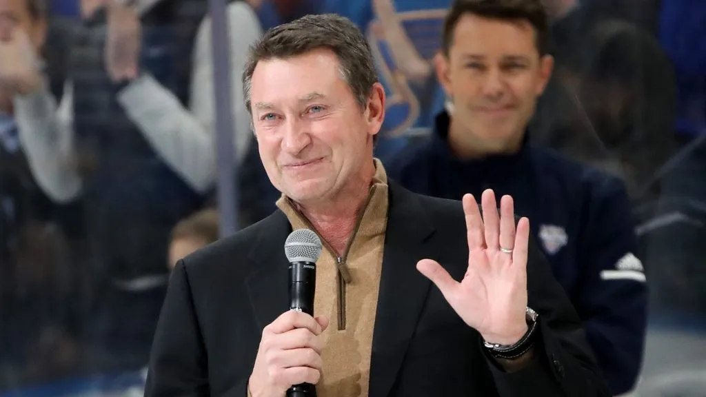 Wayne Gretzky addresses fans prior to the 2020 NHL All-Star Skills Competition at Enterprise Center on January 24, 2020 in St Louis, Missouri.