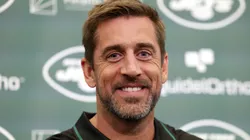 New York Jets quarterback Aaron Rodgers attends an introductory press conference at Atlantic Health Jets Training Center on April 26, 2023.