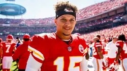 Patrick Mahomes #15 of the Kansas City Chiefs smiles on the sidelines before the start of the game against the San Francisco 49ers at Arrowhead Stadium on September 23rd, 2018.
